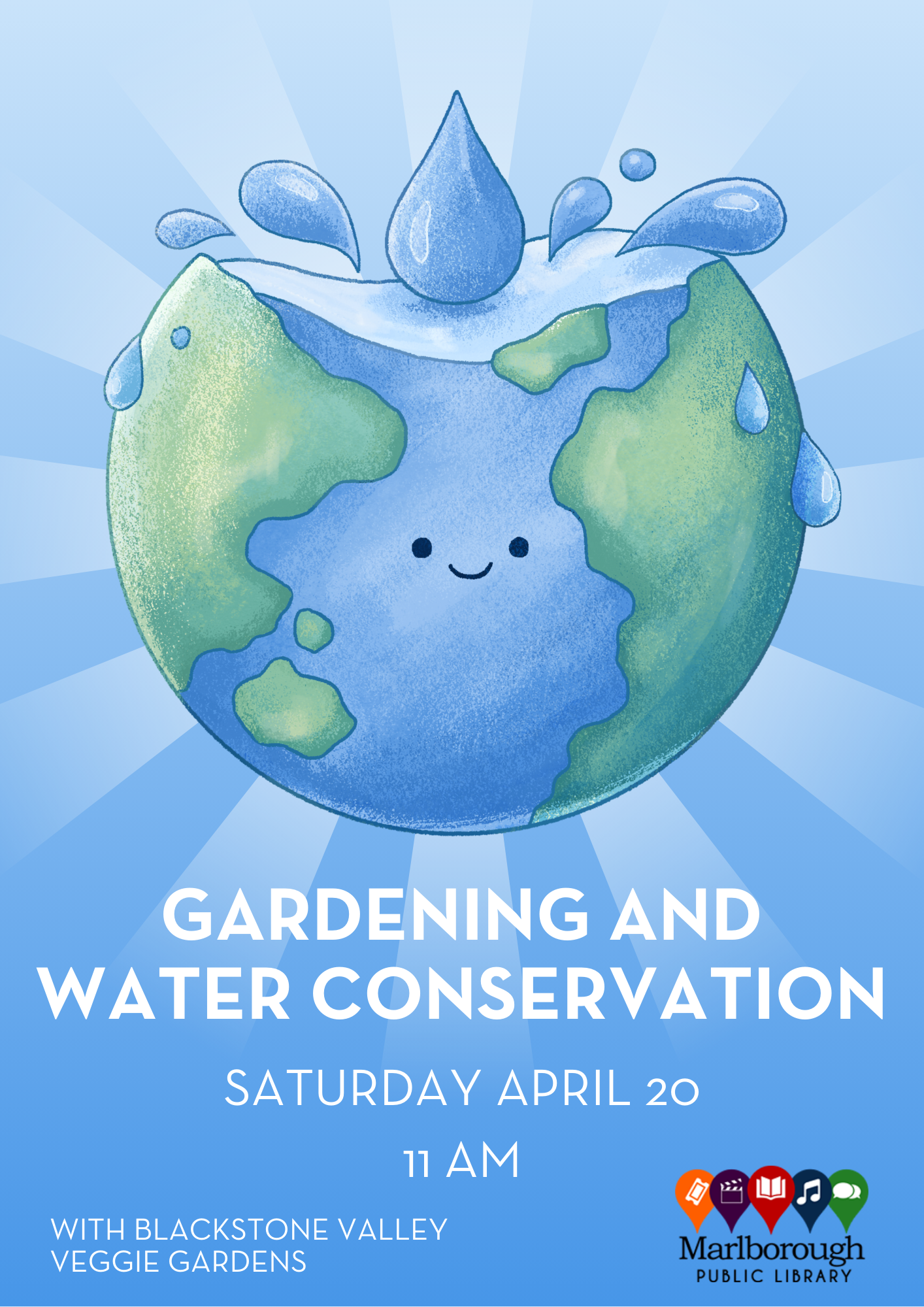 The presentation "Gardening and water conservation" by Blackstone Valley Veggie Gardens will happen at Marlborough Public Library on Saturday 4/20 at 11:00 AM in the Grice Community Room. All ages are welcome! 