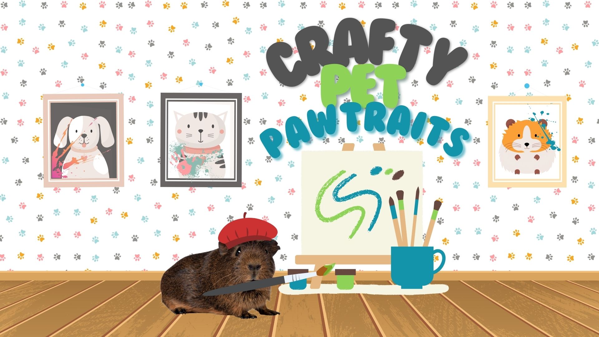 Image of a guinea pig wearing a beret painting on an easel surrounded framed pictures of pets. 