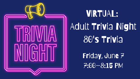 A graphic that includes an illustration of a neon sign that reads "trivia night!" and the event's hours.