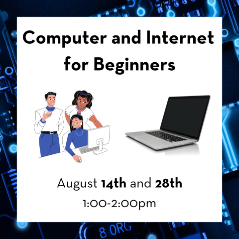 A graphic that includes the title, date, and time of the program, and cartoon illustrations of computers and people using them.