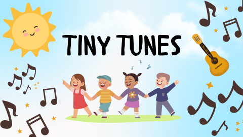 Tiny Tunes children singing with the sun , a guitar, and floating musical instruments