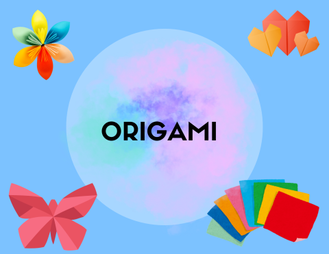 Origami written in the center with images of various origami creations surrounding it