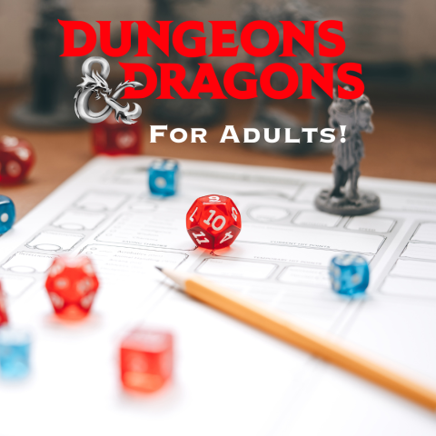 A graphic that includes the Dungeons and Dragons logo with a picture of dice and figurines in the background.