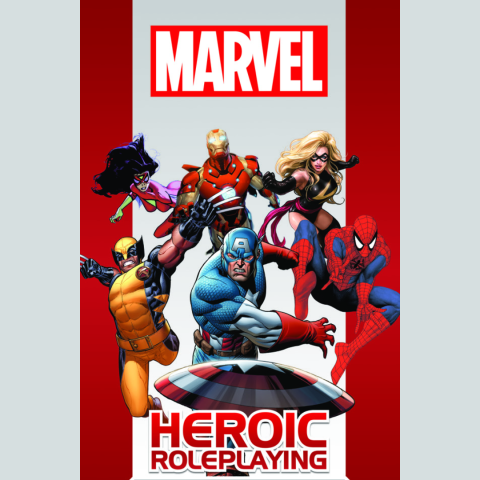 Marvel Heroic Roleplaying poster that features Marvel superheroes such as Wolverine, Captain America, and Spiderman.