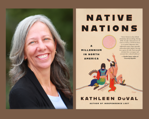 A picture of author Kathleen DuVal next to the cover of her book "Native Nations: A Millennium in North America"