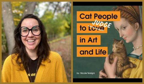 A picture of author Nicole Tersigni and the cover of her book "Cat People to Judge in Art and Life."