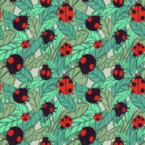 painting of lady bugs in repetition against green leaves