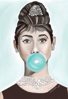 digital art of Audrey Hepburn blowing bubble gum