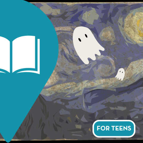 An illustration of starry night with two ghosts inserted.