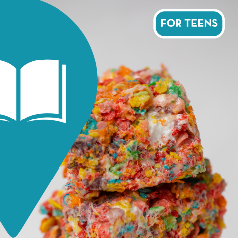 A photograph of a colorful rice krispy treat.