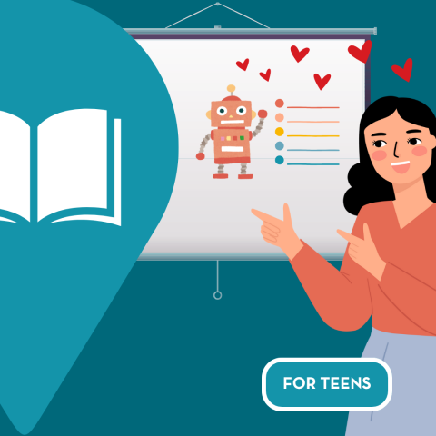 An illustration of a person presenting about their robot.