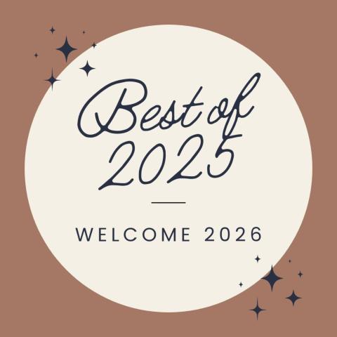 "Best of 2025, Welcome 2026" in a cream circle with a desaturated warm brown background.  There are sparkles in the upper left and lower right corners.