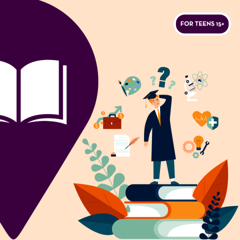 An illustration of a graduate standing on top of books and questions surrounding him.