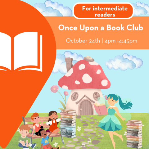 A fairy lady reading with children in front of a mushroom house. 