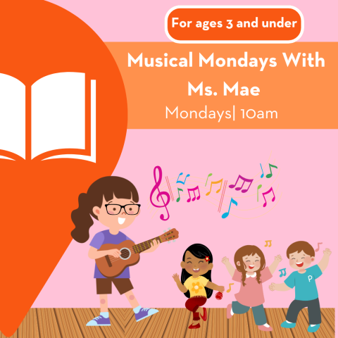 A poster with a woman playing ukulele for children, who are dancing.