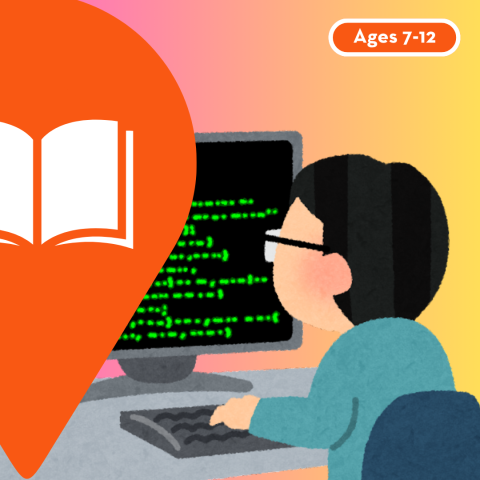 An illustration of a child sitting at a computer coding.