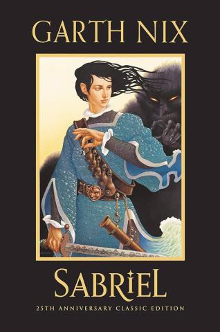 Cover of Sabriel. A figure stands in medieval garb, hair flowing, holding a sword engraved with runes.  A grinning shadow monster stands behind them, hand outstretched.