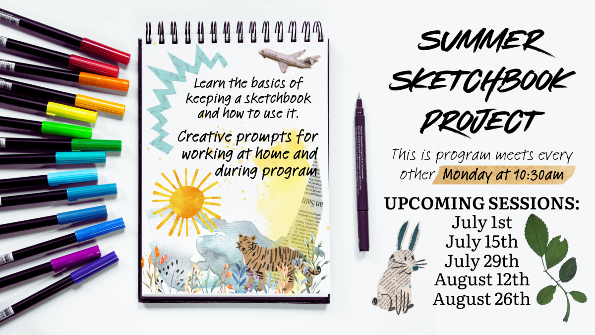 image of open sketchbook next to markers and text describing the program