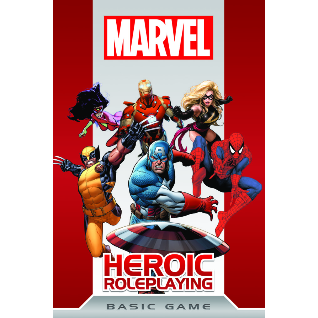 Marvel Heroic Roleplaying poster that features Marvel superheroes such as Wolverine, Captain America, and Spiderman.