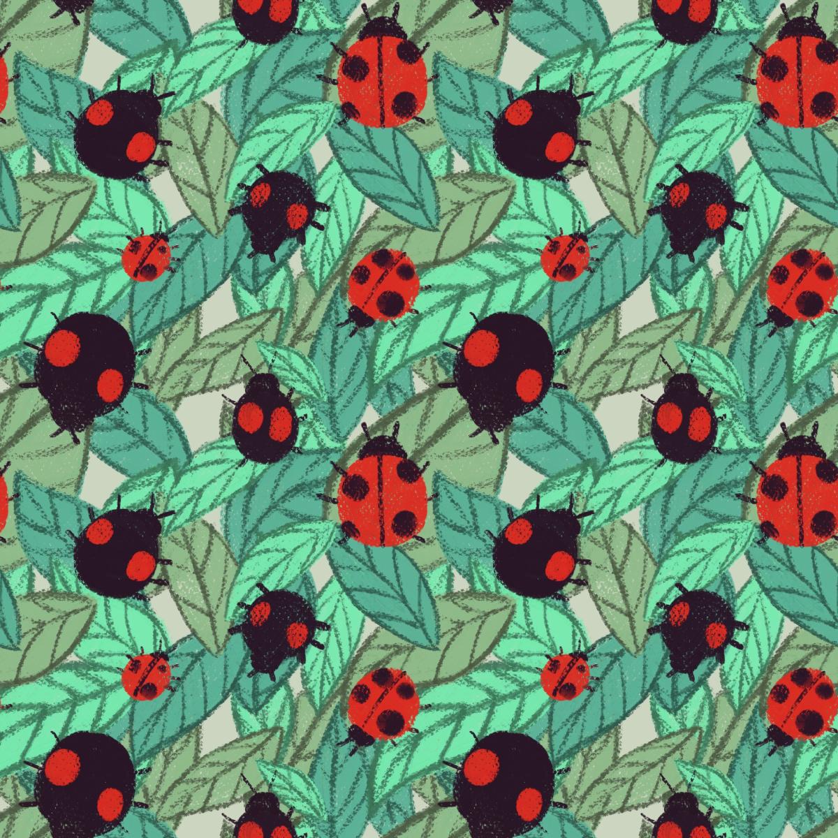 painting of lady bugs in repetition against green leaves