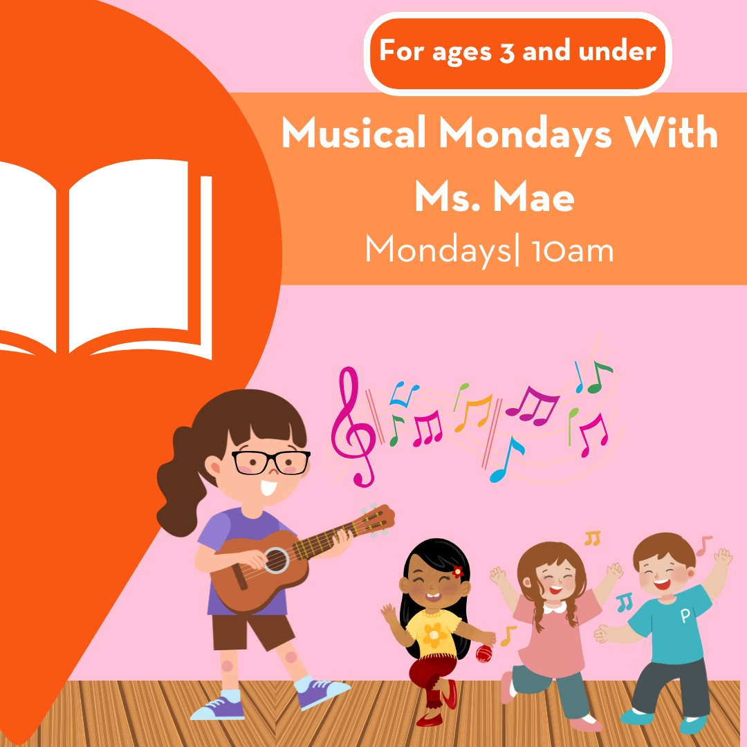 A poster with a woman playing ukulele for children, who are dancing.