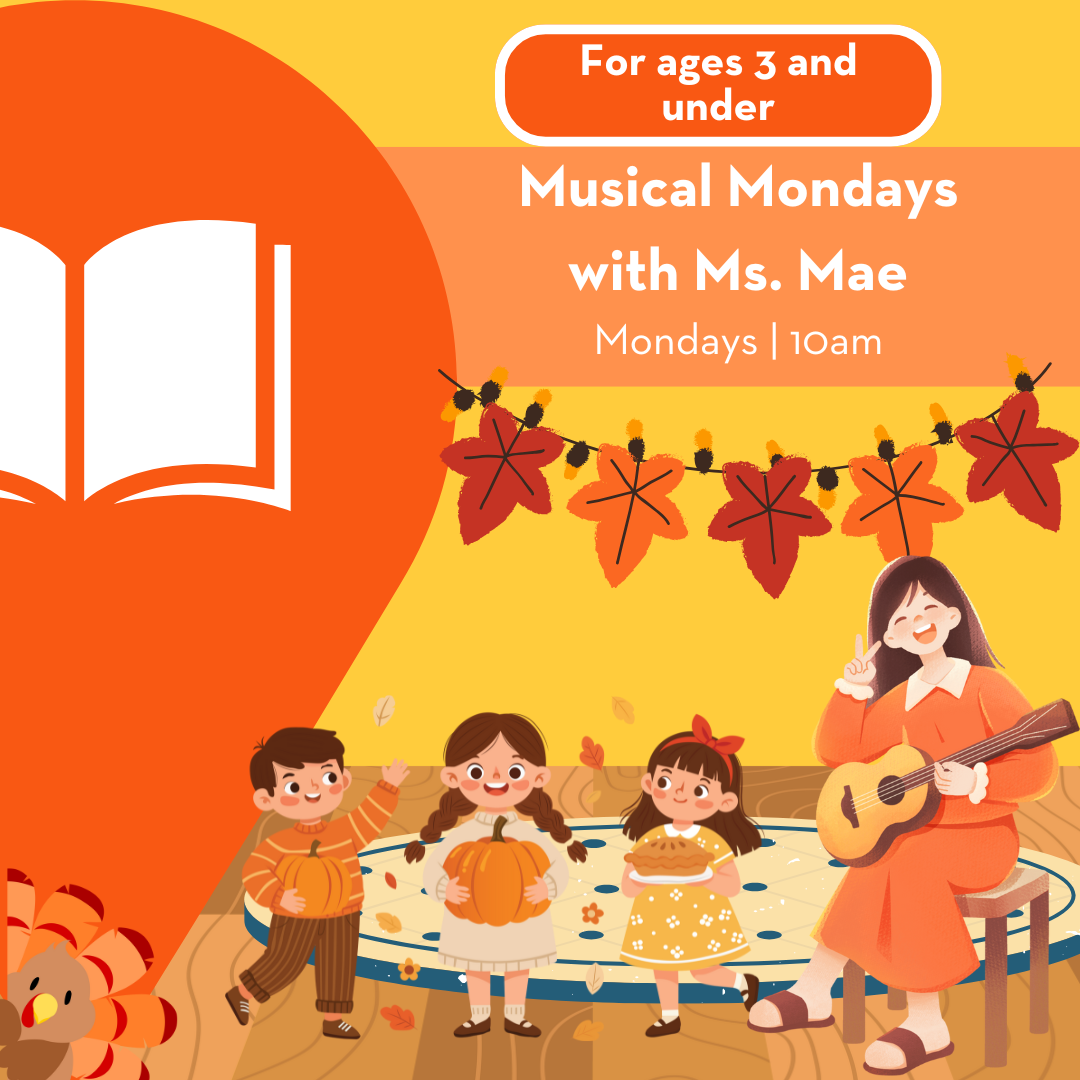 Woman playing ukulele for kids with thanksgiving decor and a turkey peeking out